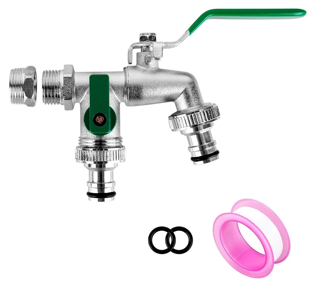 Garten Wasserhahn 1/2 Zoll & 3/4 Zoll Kugelhahn Doppel Auslaufhahn, Frostsicherer Wasserhahn für Außen mit 2 Schlauchanschlüssen und Rollendicht...
