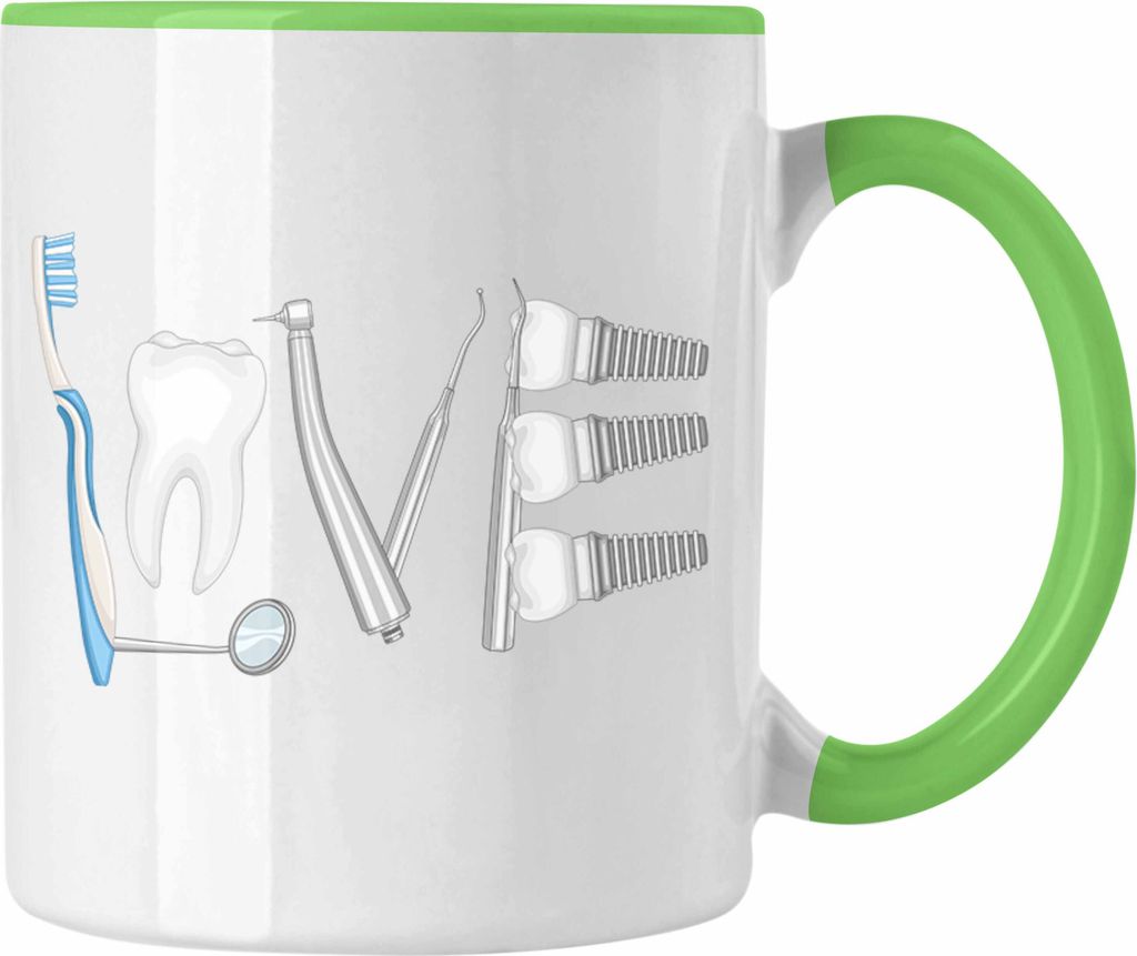 Trendation - Zahnmedizinische Fachangestellte Tasse Geschenk Lustig Zahnarzt Damen Geschenkidee Zahnarzthelferin LOVE Zahnarzt (Grün)