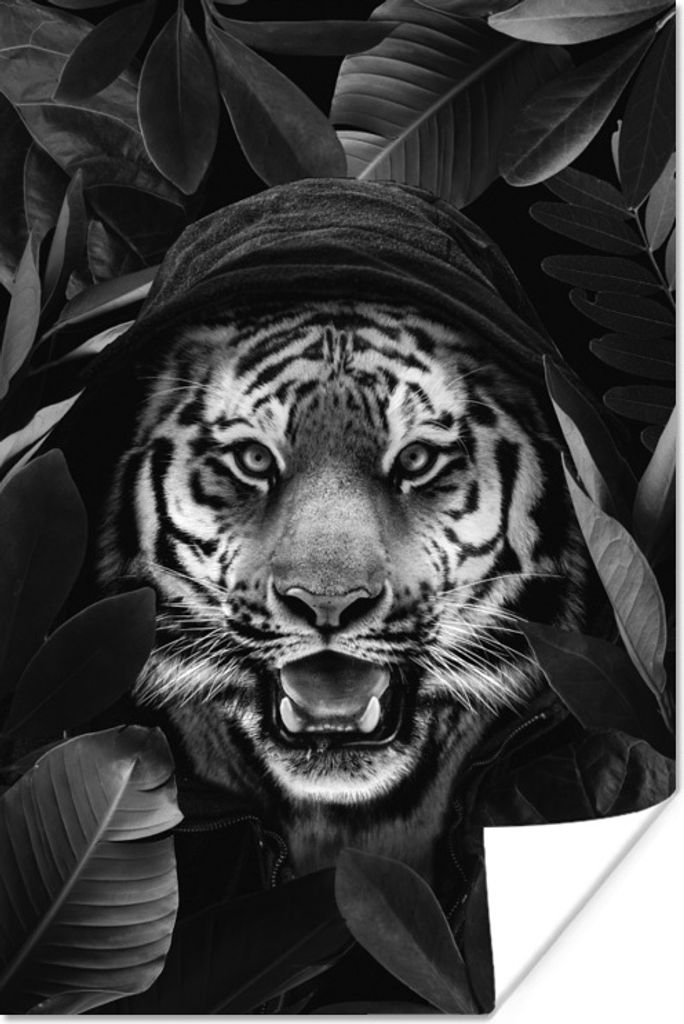 MuchoWow Poster Tiger mit einer Kapuze zwischen den Blättern - schwarz und weiß 40x60 cm - Plakate für die Wand - Poster Babyzimmer