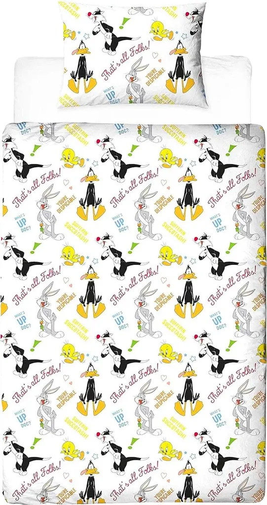 Looney Tunes Parure de Lit Réversible TC169 Bleu Blanc Jaune Lit Simple