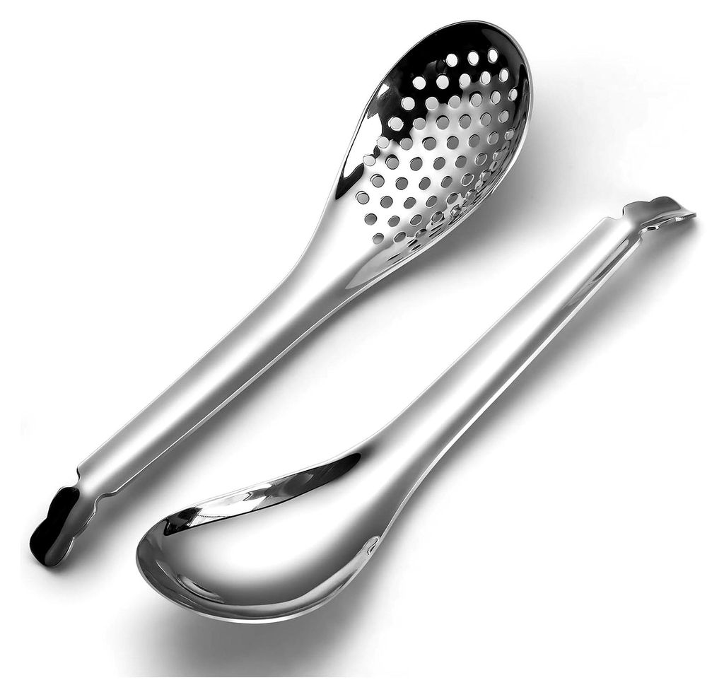 2 Stück Edelstahl Suppenlöffel und geschlitzter Servierlöffel, Kaviar Löffel für Suppe und Servieren, kleine geschlitzte Löffel für die Küc...