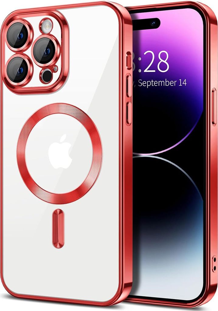 Magnetische Klar Hülle für iPhone 14 Pro, Kompatibel mit MagSafe, Elektroplattiert Handyhülle mit Kameraschutz Rot