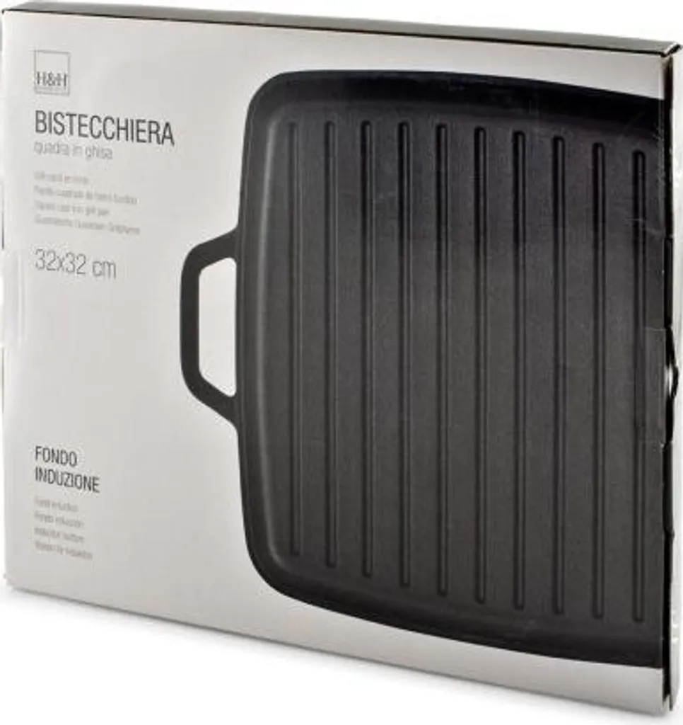 Padella grill smaltata in ghisa con 2 manici, forma quadrata, 32 cm