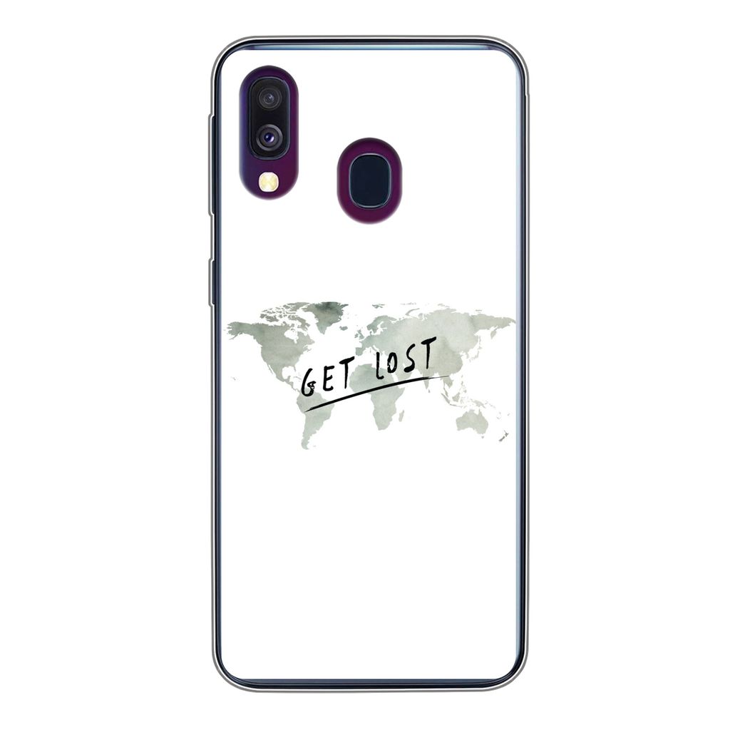 MuchoWow Handyhülle Schutzhülle Hülle für Samsung Galaxy A40 Weltkarte - Grau - Zitat Silikon Softcase Handy Hülle - Handy-Tasche