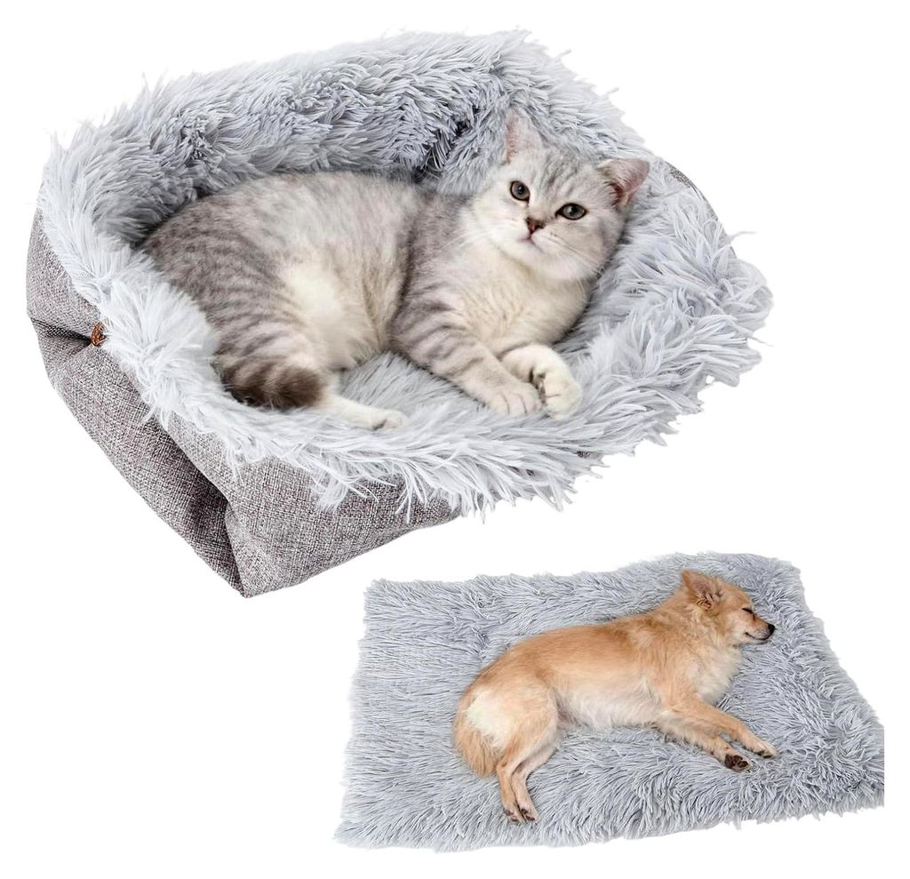 2-in-1 Katzenbett mit Knopfdesign – Weiches, Waschbares Katzenkissen Rund, Formstabiler Katzenschlafplatz & Katzendecke für Sofa, Grau 61×51 cm