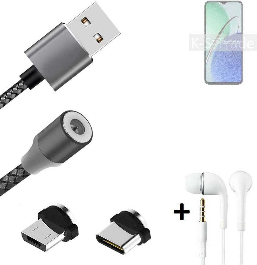 K-S-Trade Hochwertiges Magnet-Lade-kabel Sync-Kabel Daten-Kabel + Kopfhörer kompatibel mit Huawei nova Y61 mit USB-Typ-C-Anschluss und