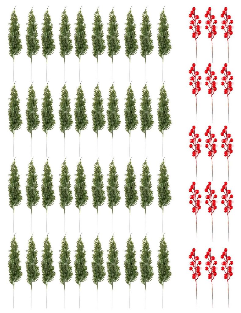 55/60 künstliche Kiefernzweige, Weihnachtszweige mit Stechpalmenbeeren, künstliches Grün, Kiefernnadeln, künstliche rote Beerenstängel, Weihna...