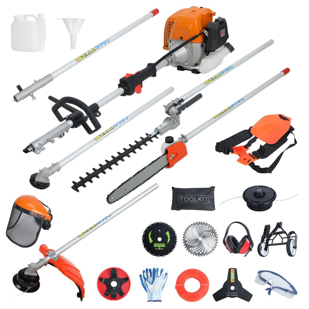 Multifunktionales Gartengerät, 52 cm³ 2-Takt-Benzin-Heckenschere, Rasentrimmer, Fadentrimmer, Freischneider, Kantenschneider, Hochentaster mit Ve...
