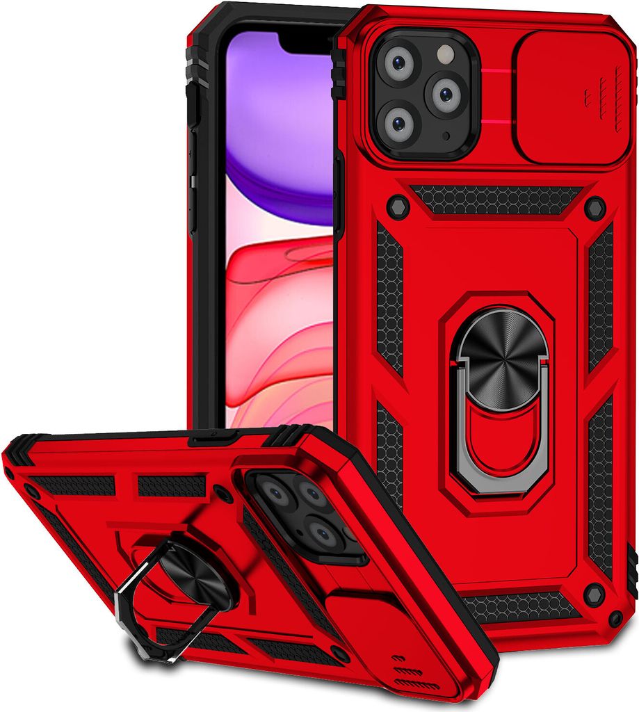 iPhone 11 Pro Hülle mit Schiebe Kamera Schutz und Ringhalter Ständer Robust Rüstung Schutzhülle für iPhone 11 Pro Rot
