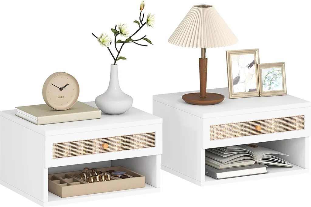 Tables de chevet murales lot de 2 avec tiroir en rotin blanc 40x34x23cm