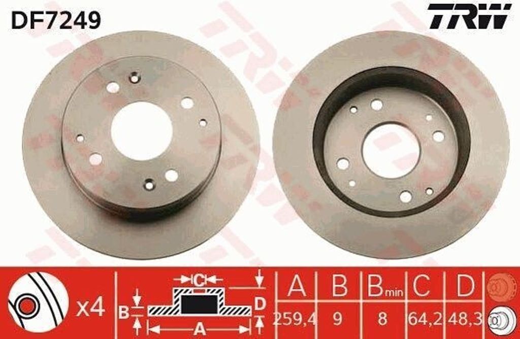 TRW DF7249 Bremsscheibe OE 42510S84A52 kompatibel mit Accord