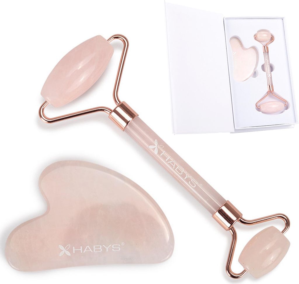 Gua Sha Massage-Set aus echtem Rosenquarz | Stein & Roller für Gesichtsmassage | Hautpflege & Anti-Aging reduziert Schwellungen | Geschenkbox