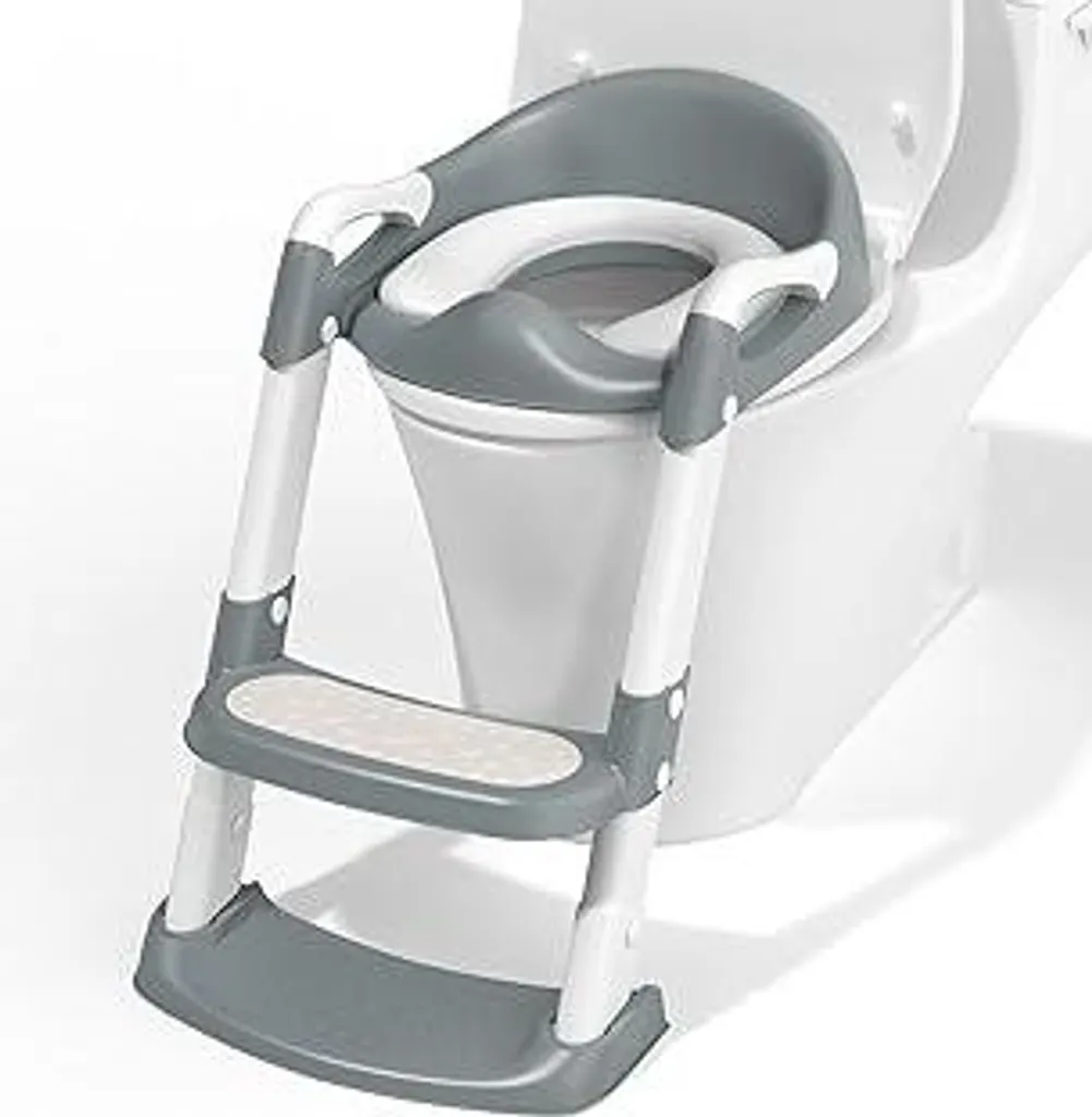 COOSEYA Sedile WC per bambini, sedili WC per bambini e bambine, sedile WC per bambini con scaletta, sedile WC pieghevole antiscivolo con paraspruzzi e imbottitura morbida, maniglie di sicurezza (grigio)