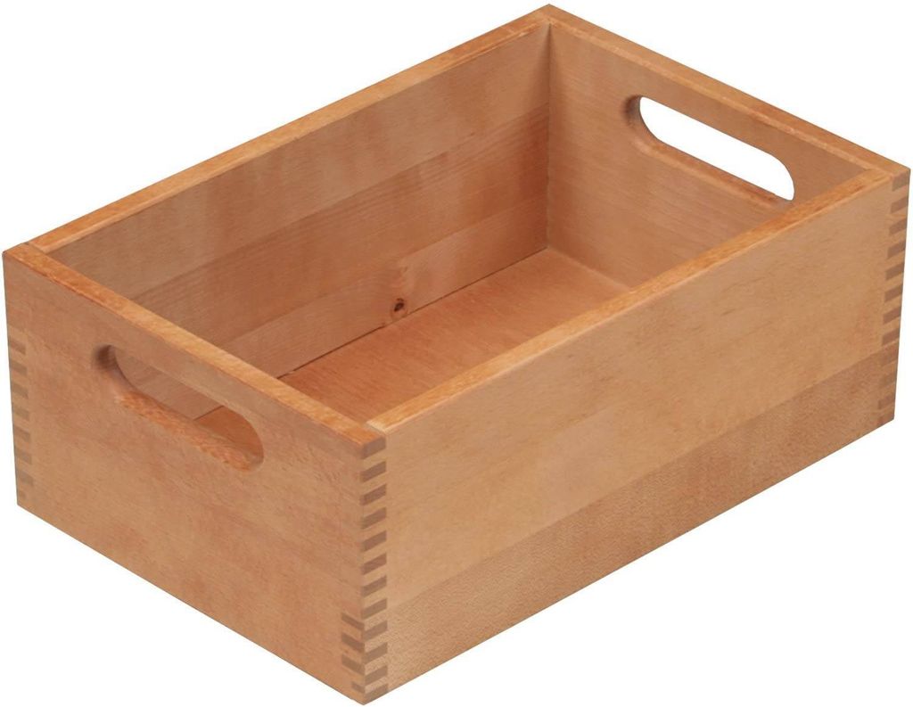 A wooden storage box with handles.