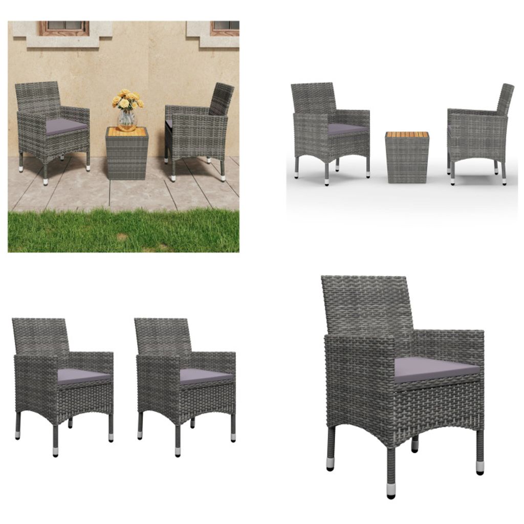 vidaXL 3 tlg. Bistro Set Poly Rattan und Akazienholz Grau - Bistro-Set - Bistro-Sets - Bistroset - Bistrosets