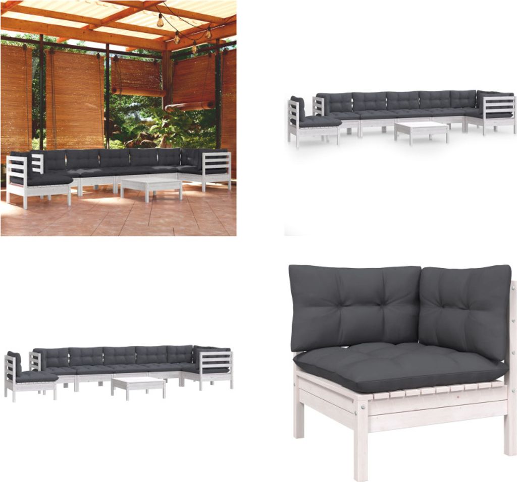 vidaXL 9 tlg. Garten Lounge Set mit Kissen Weiß Kiefer Massivholz - Garten-Lounge-Set - Garten-Lounge-Sets - Gartenmöbel-Set - Gartenmöbel-Sets