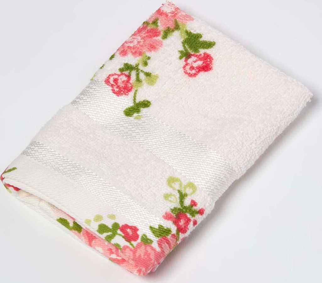 HOMESCAPES Frottee Seiftuch mit romantischem Vintage Blumen-Print 100% Baumwolle Waschlappen 30x30cm - creme