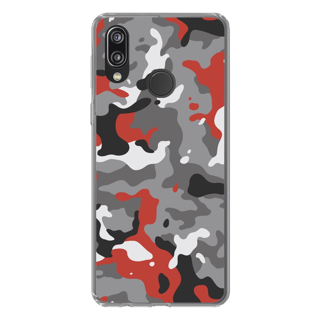 MuchoWow Handyhülle Schutzhülle Hülle für Huawei P20 Lite (2020) Camouflage-Muster mit roten Akzenten Silikon Softcase Handy Hülle - Kartenh...