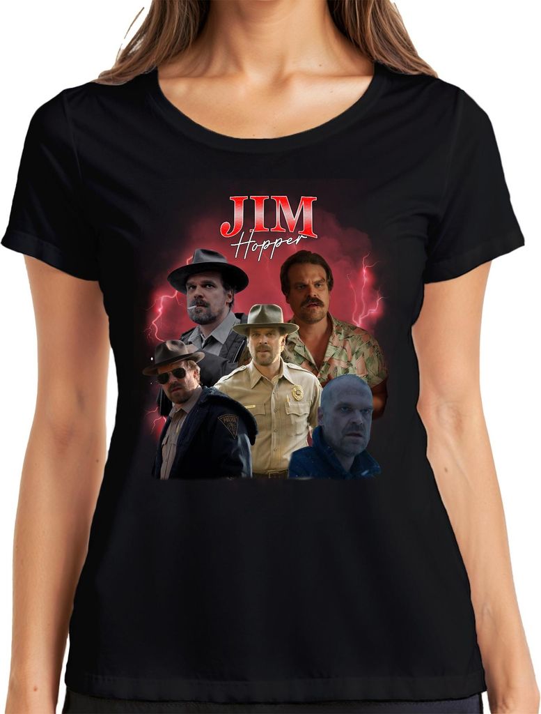 Jim Hopper Stranger Sheriff Hawkins Polizei Geschenk Serie 90s Bootleg Damen T-Shirt, Schwarz, M
