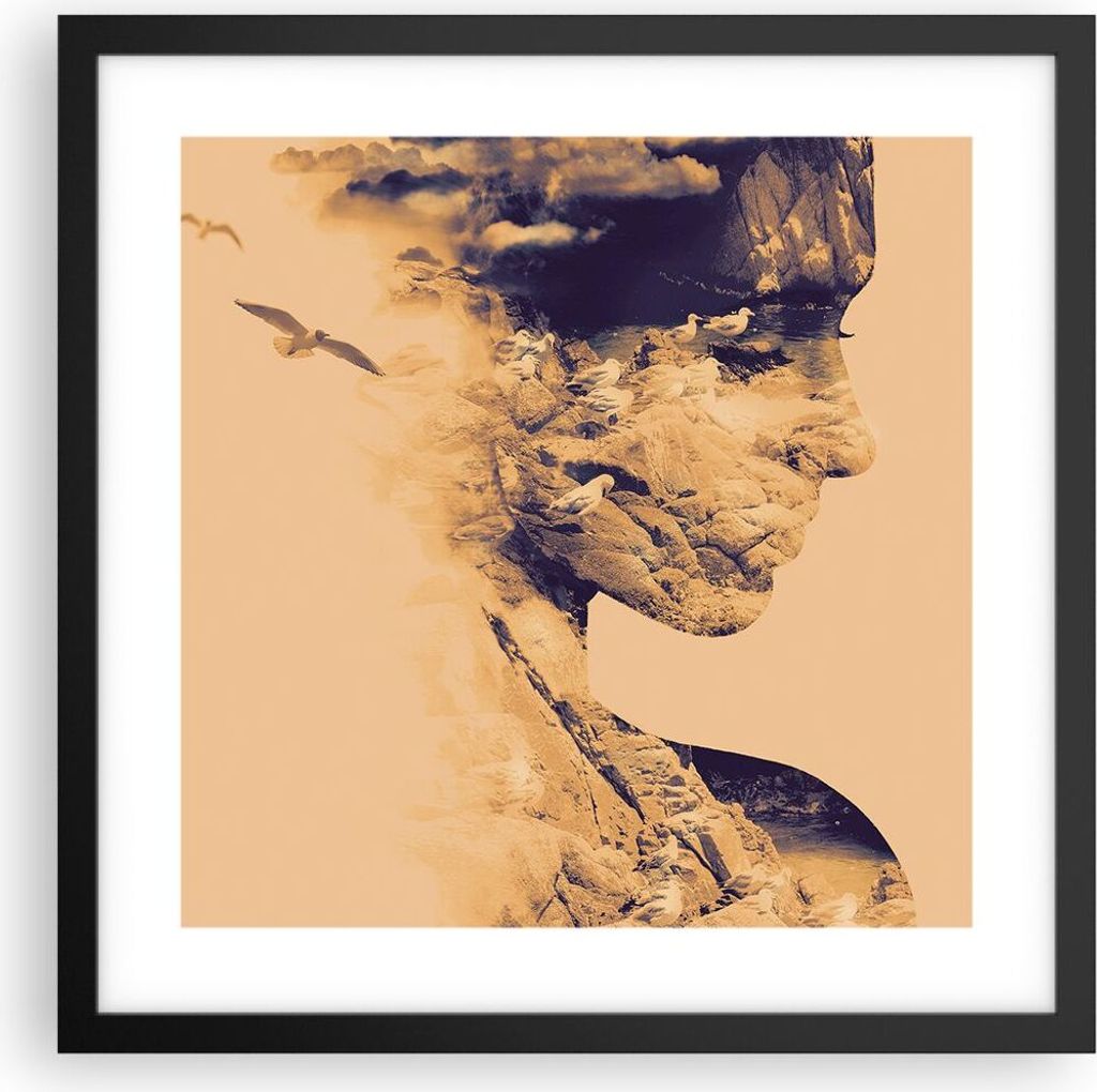 Gerahmtes Poster - Schwarzer Rahmen - Frau Vögel Fotomontage - 40x40 cm - Wand Bild - Wanddeko - Wandbilder - Kunstposter - Wandposter - Bilderrah...