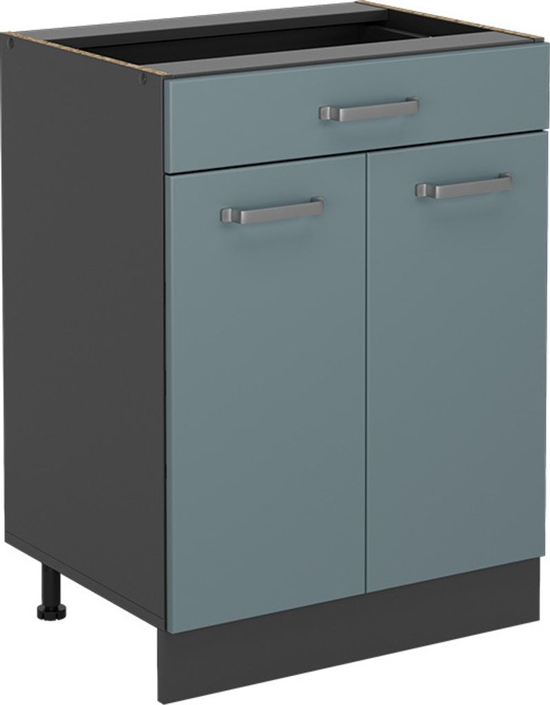 A studio shot of a kitchen base cabinet.