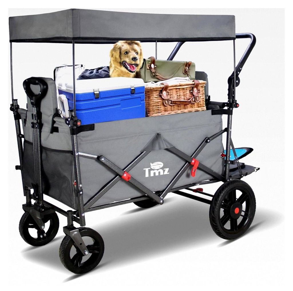 Faltbarer Bollerwagen mit Dach, Handwagen für Transport mit Ziehen und Schieben, Fußbremse, Tragfähigkeit 120 kg für alle Gelände, Camping, St...