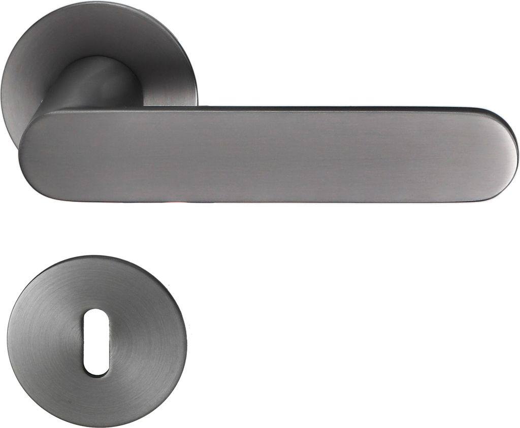 A door handle set with a flat rosette, shown against a white background.