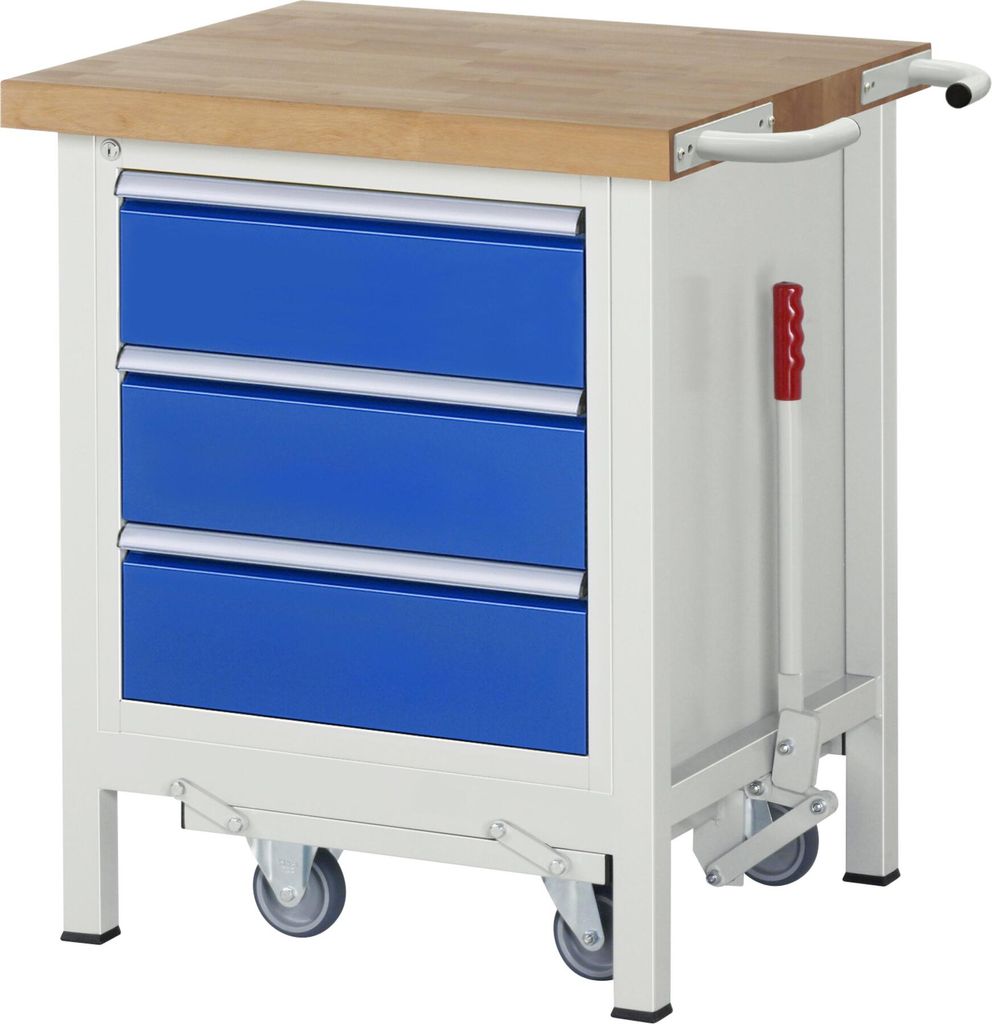 Mobile absenkbare Werkbank mit 3 Schubladen - Teilauszug - 180:3 - 880 x 750 x 700 mm (HxBxT) - Traglast 1.250 kg - Buche