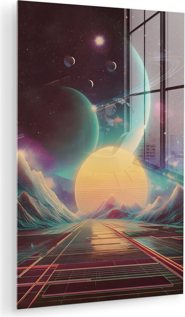 MuchoWow Glasbilder - Bilder auf Wandbild - Foto auf Glas Planeten - Neon - Berglandschaft - Sonne 40x60 cm Wanddekoration aus Glas - Acrylglasbild...