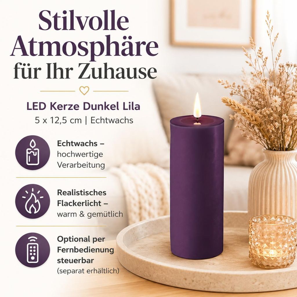 Deluxe Homeart LED Kerze mit Timerfunktion Dunkel Lila