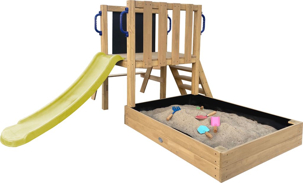 AXI Leah Mini Spielturm aus Holz in Braun mit hellgrüner Rutsche | Kleiner Spielturm für Kinder mit Sandkasten, Picknicktisch und Kreidetafel | S...