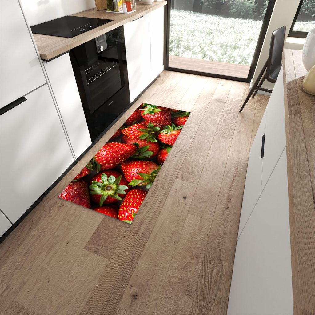 Küchenteppich 60x150cm rutschfest & abwischbar PVC Läufer - Frische Erdbeeren
