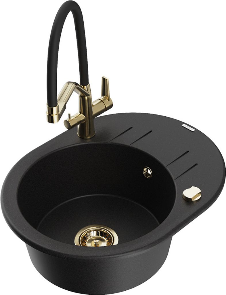Mexen Kevin 1-Becken-Granitspüle mit Mischbatterie Duo, Schwarz - 6517-77-671701-57-G