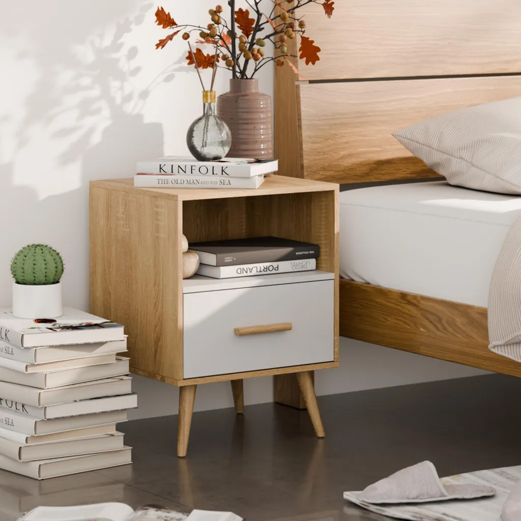 Petite Table d'Appoint Bicolore Chêne et Blanc 1 Tiroir Design Moderne