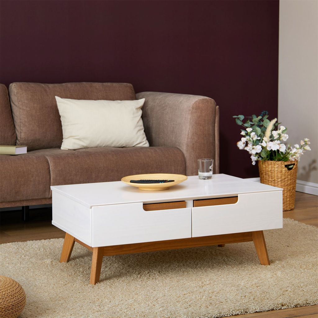 Couchtisch TIBOR, Beistelltisch Wohnzimmertisch Sofatisch Stubentisch, Kiefer massiv, 2 Schubladen, 2 Nischen, in weiß