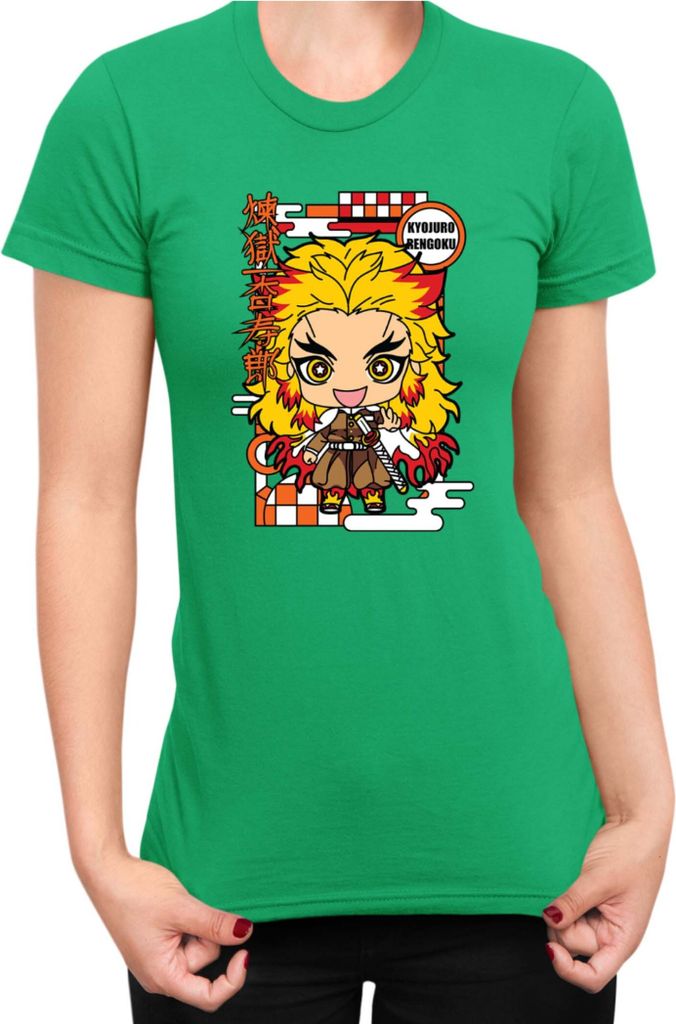 Damen T-Shirt Demon Anime Slayer Kimetsu No Yaiba Chibi Kyojuro Rengoku, Lady S / Grün