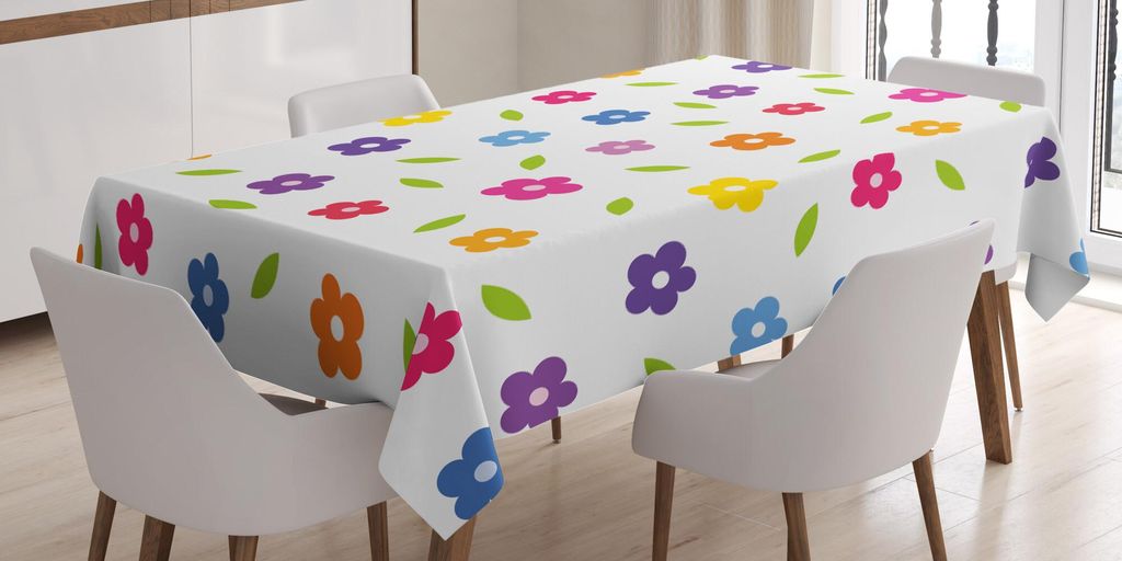 ABAKUHAUS Bunt Tischdecke, Vibrierende farbige Gänseblümchen verlässt Frühlings-Natur-Wiesen-Gekritzel-Jungen-Mädchen Playroom, 140 x 240 cm, ...