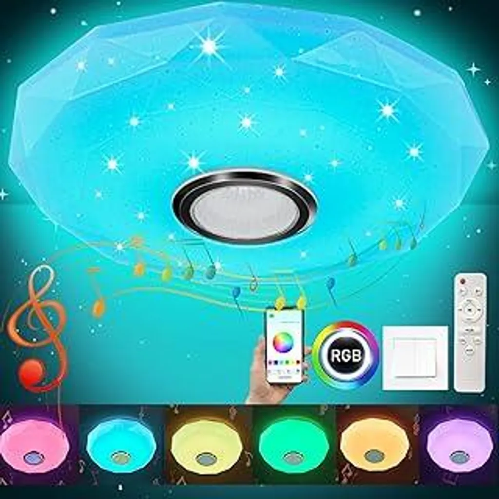 Plafone LED da 30 W dimmerabile con altoparlante Bluetooth, lampada da soffitto con telecomando e controllo tramite app, cambio colore RGB, riproduzione musicale, per bagno, camera da letto, soggiorno, Ø 28 cm