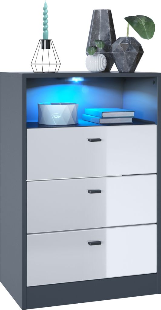 Vladon Kommode Pino V2, Germany, Anrichte mit 3 Schubladen & 1 offenem Fach, Anthrazit matt/Weiß Hochglanz mit LED RGB (56 x 86,5 x 36 cm)