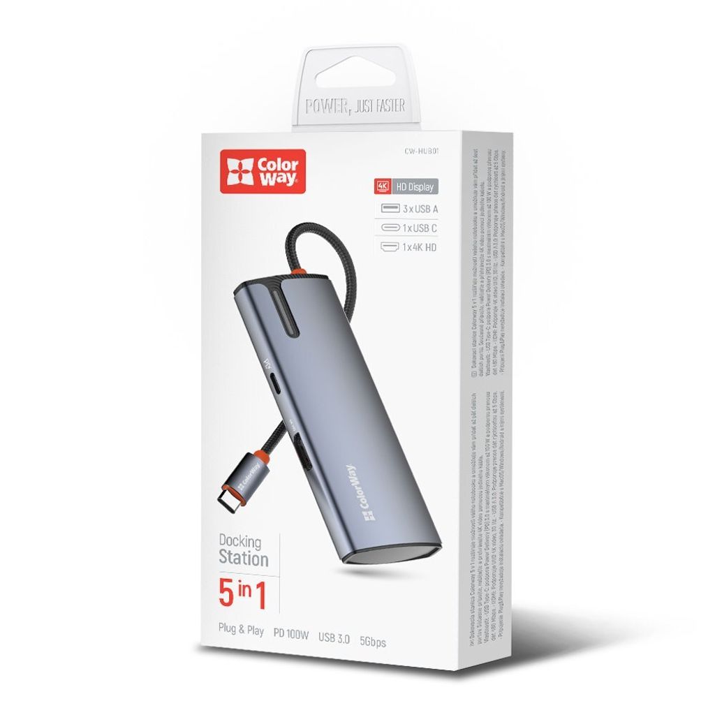 ColorWay USB-C Dockingstation, 5-in-1 Hub, 100W PD, 3X USB 3.0, 4K HDMI, Grau