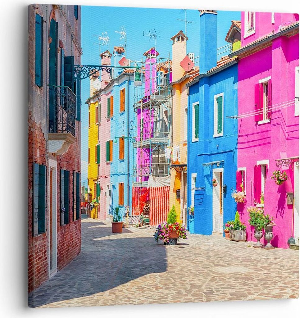 Bild auf Leinwand - Leinwandbild - Straße Haus Blumen - 30x30cm - Wand Bild - Wanddeko - Wandbilder - Leinwanddruck - Bilder - Kunstdruck - Wandde...