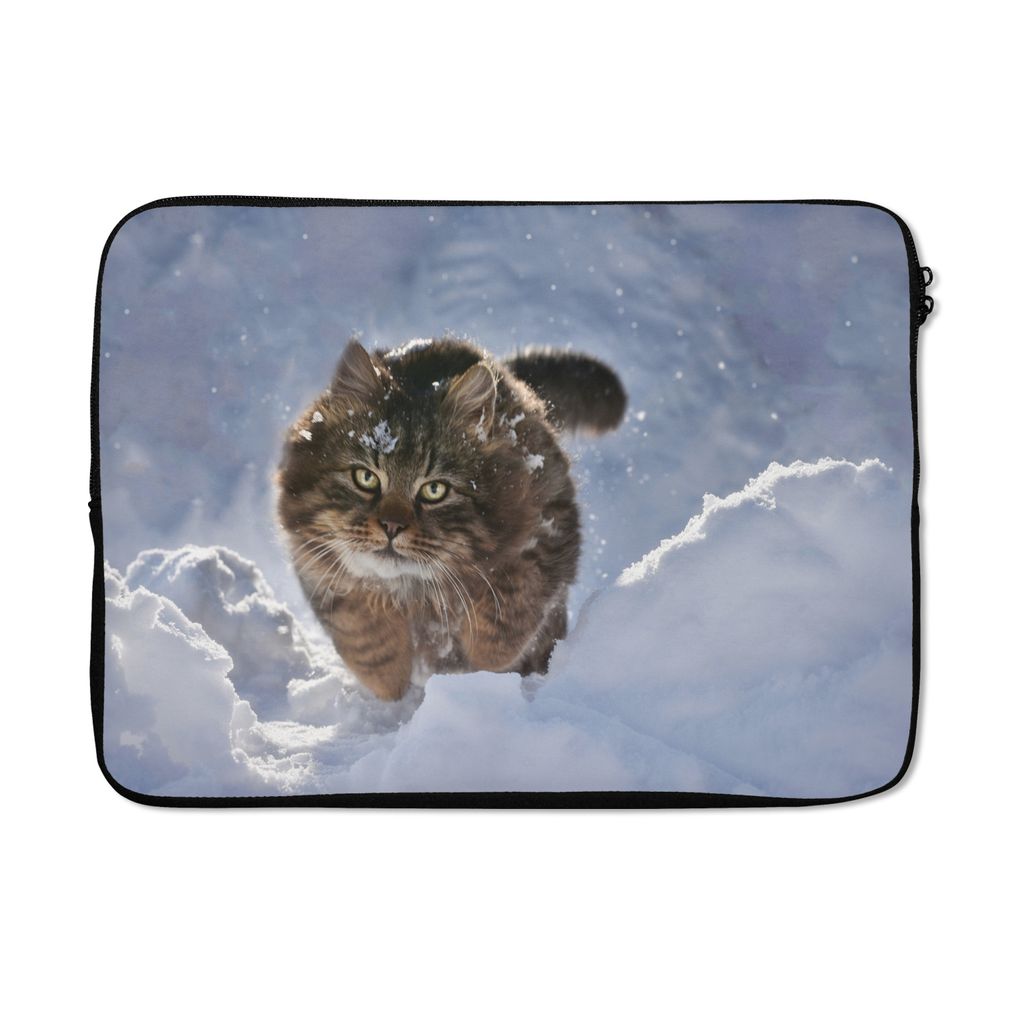 MuchoWow Laptop Hülle 13 Zoll Katze im Schnee Laptoptasche - Laptophülle - Sleeve - Rundumschutz