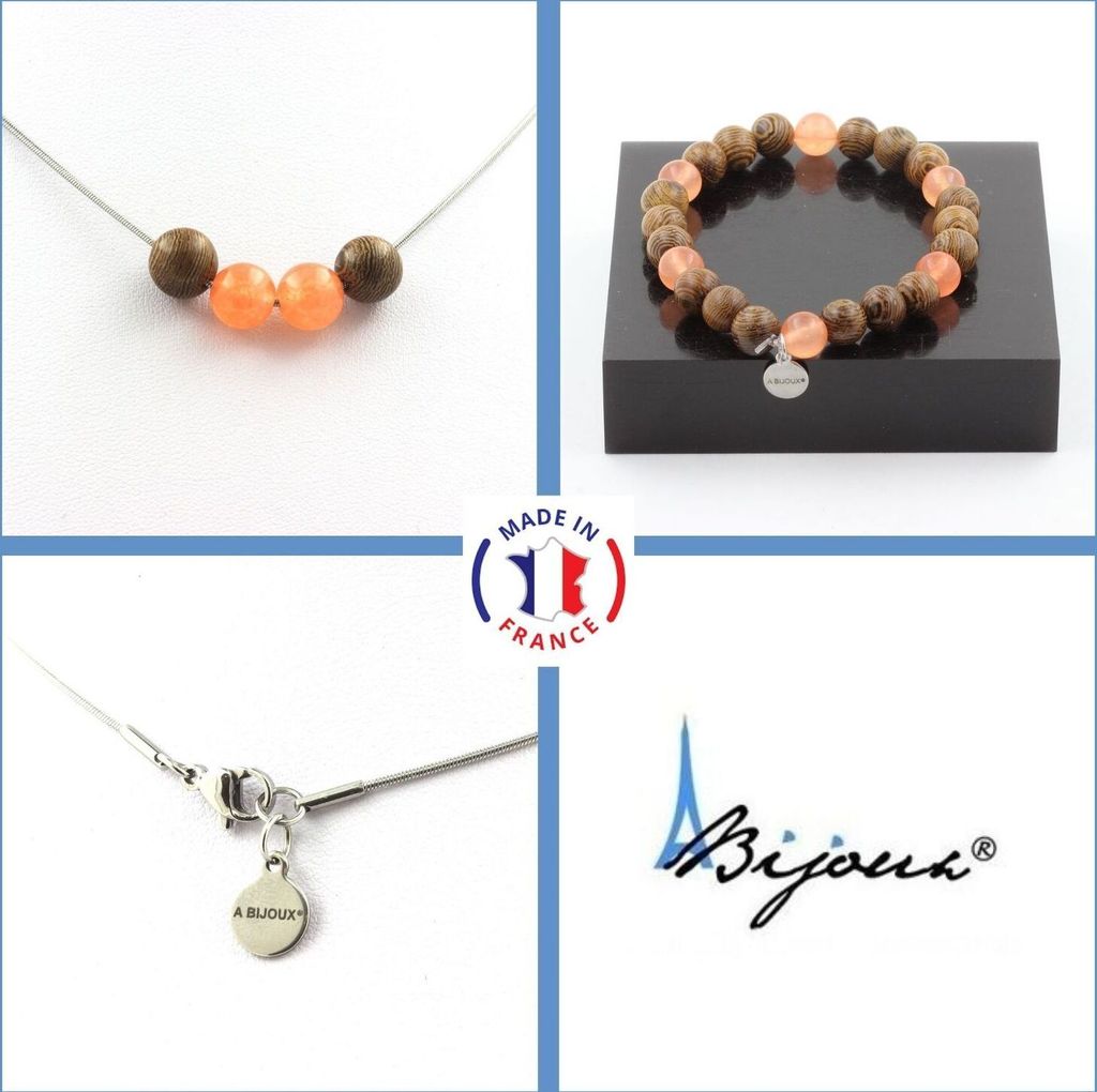 Schmuckset Armband Halskette Holzperlen + Orange Chalcedon 8 mm Edelstahlkette