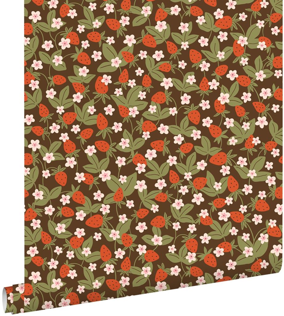 ESTAhome Tapete Erdbeeren Olivgrün und Rot 50 x 900 cm