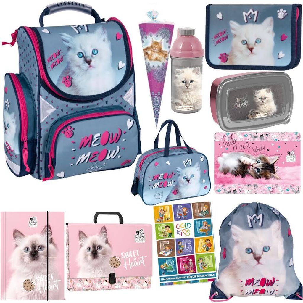 Goldkids Schulranzen SET XXL 11 Teile Katze Cat Motiv Produktbild 
