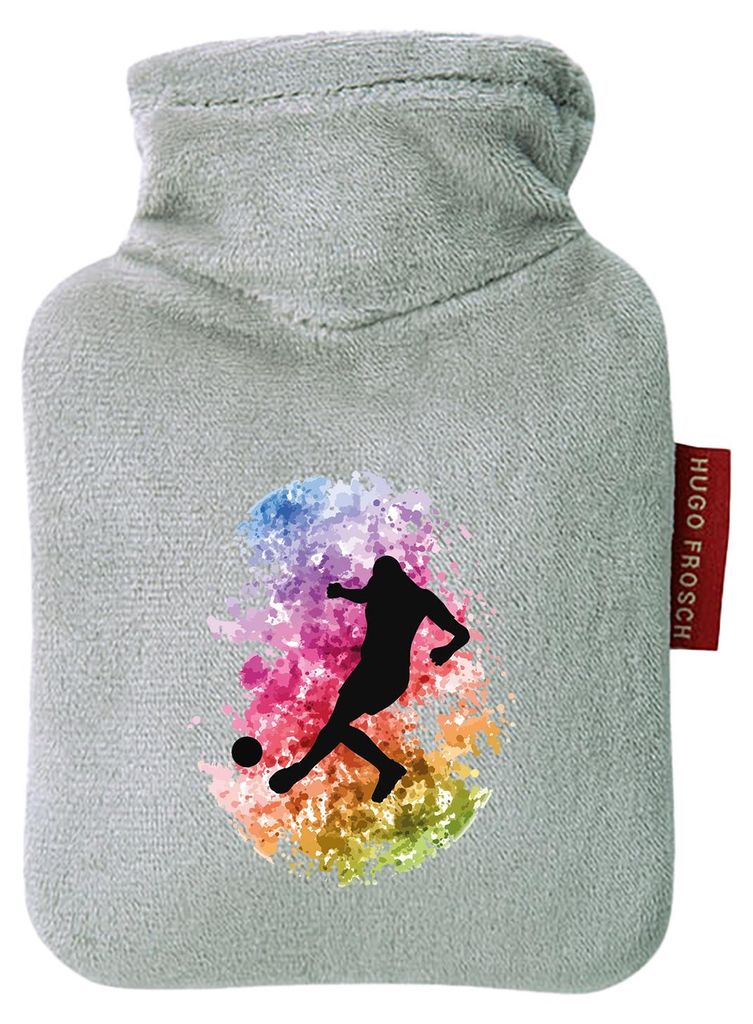 Huuraa Mini-Wärmflasche Fußballspieler bunte Silhouette 0,2 Liter Grey Mini Veloursbezug Taschenwärmer Geschenkidee
