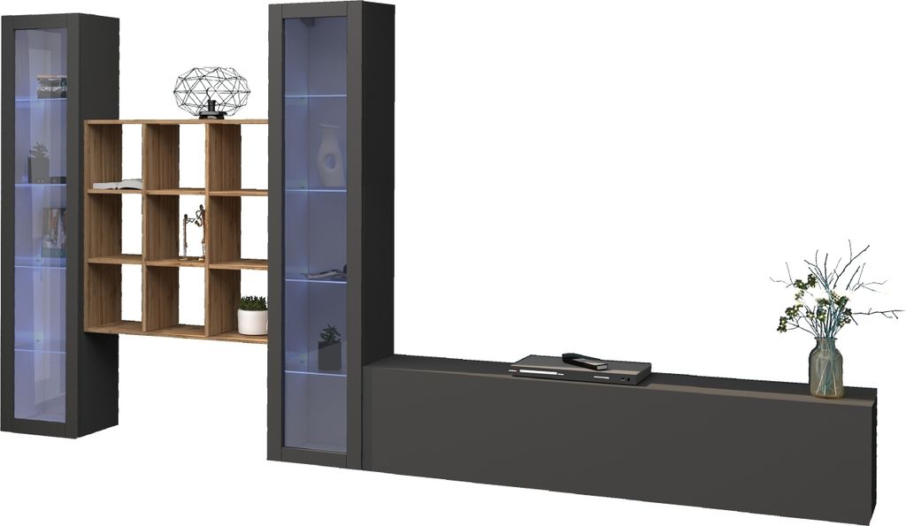 Wohnwand >Benevent< (4-teilig) in Anthrazit matt - 350x180x30 (BxHxT)