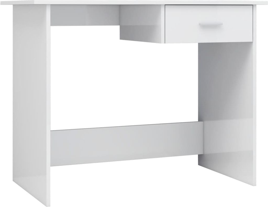 A white desk with a single drawer against a white background.