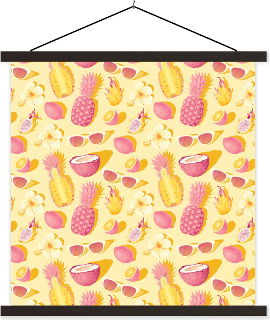 MuchoWow Textilposter Sommer - Ananas - Gelb 120x120 cm mit schwarzem Rahmen - Aufhängungsset