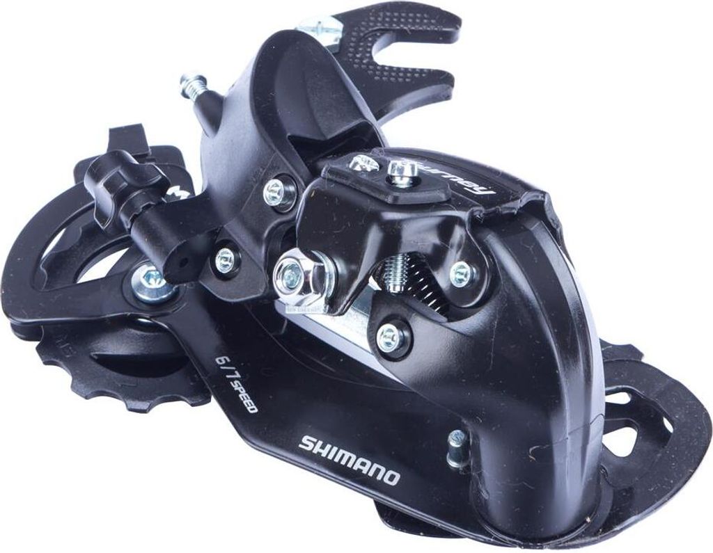 A black bicycle rear derailleur is shown against a white background.